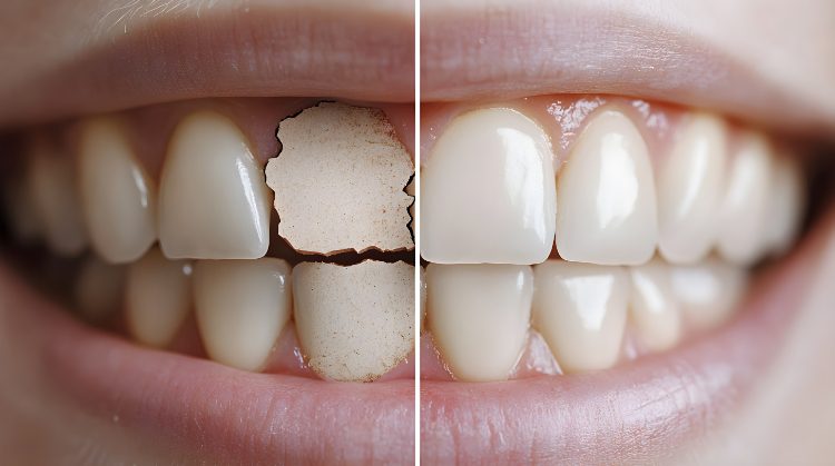 Close-up of teeth before and after dental restoration, showing damaged vs. healthy teeth.