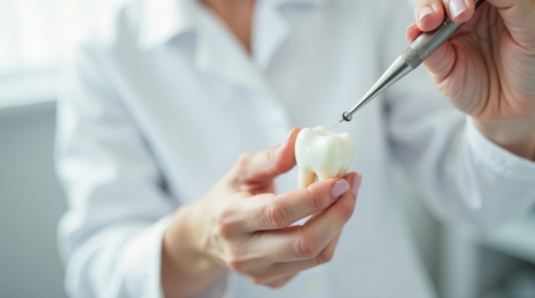 Dentist holding a tooth model and a dental drill.