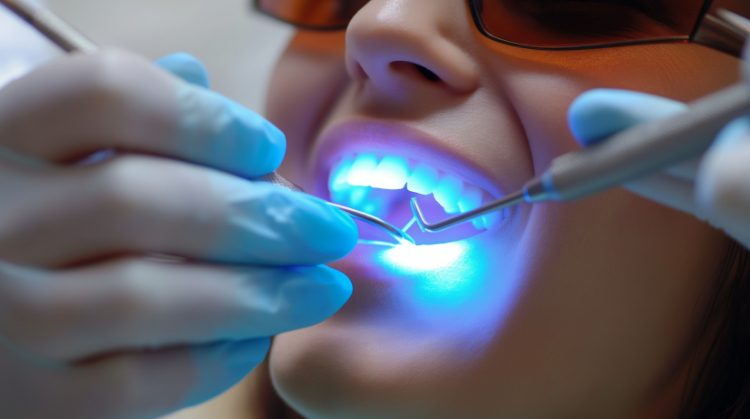 Patient receiving cosmetic dental treatment with curing light at Dental Nation in Las Vegas, NV.