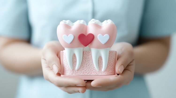 Model of two healthy teeth with hearts symbolizing the link between oral health and heart disease, held by a dental professional at Dental Nation in Las Vegas, NV