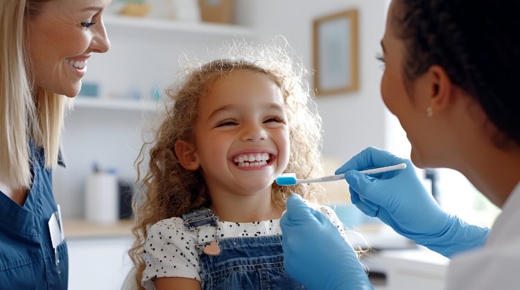 A smiling child receiving a dental check-up from a friendly hygienist at Dental Nation in Las Vegas, NV, with a parent nearby during a routine kids' dental visit.